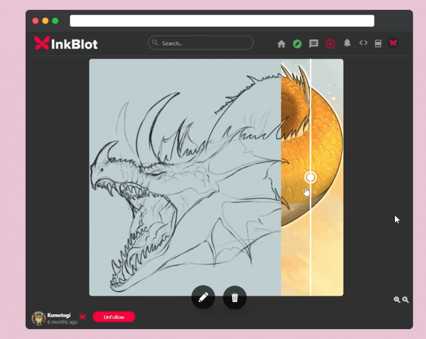 compare slider which shows one half as the sketch and the other half as the final product which you can slide to see both. A golden dragons roaring is featured