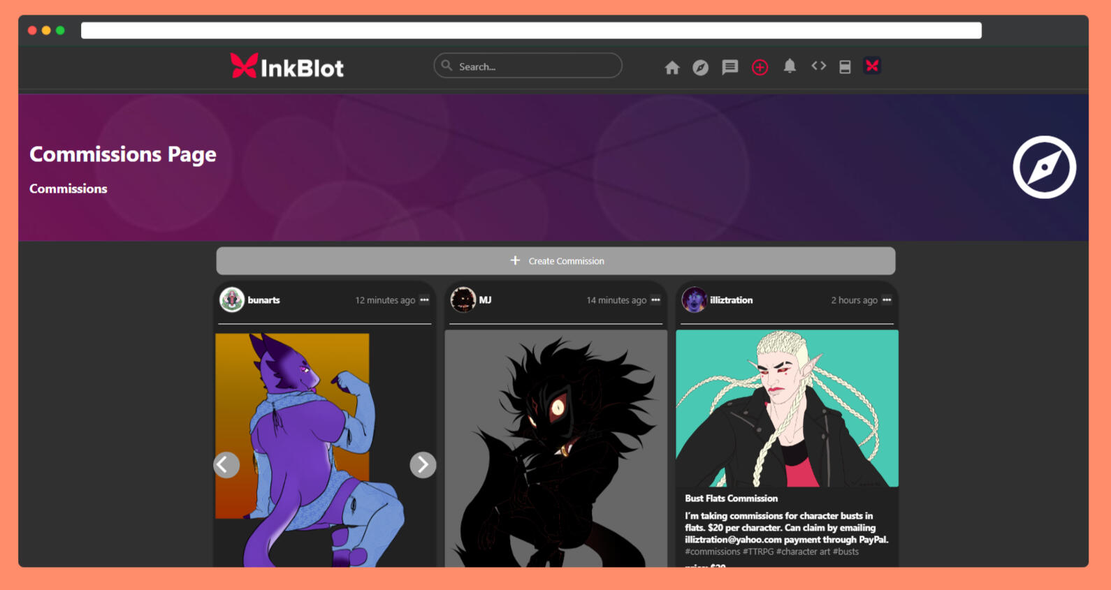 inkblot UI with commissions area (early stages)